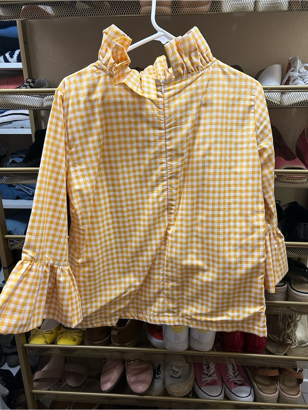 Yellow Gingham Ruffle-Neck Blouse - Picture 3 of 4